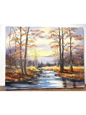 Original Autumn Landscape Painting On Canvas With River & Trees Signed Artist